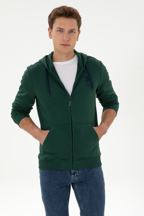 Erkek Regular Fit Regular Fit Fermuarlı Kapüşonlu Koyu Yeşil Örme Hırka 50307765-VR079