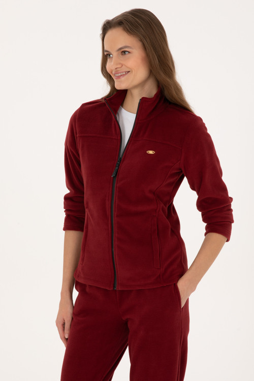 Kadın Bordo Fermuarlı Dik Yaka Polar Sweatshirt 50316729-VR014