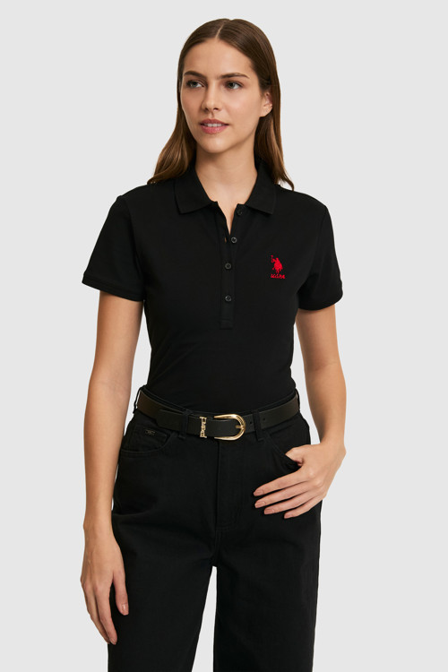 Kadın Siyah Polo Yaka Basic Tişört 50321798-VR046