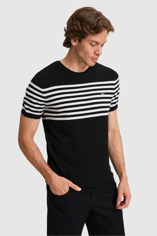 Erkek Slim Fit Bisiklet Yaka Siyah Triko Tişört 50325115-VR046
