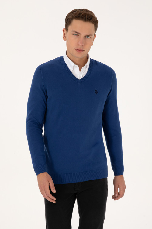 Erkek Slim Fit V Yaka İndigo Basic Triko Kazak 50313662-VR028