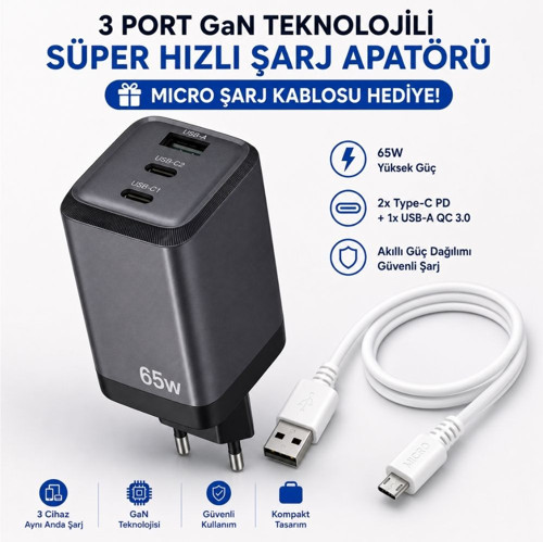 65W GaN 3 Çıkışlı Hızlı Şarj Başlığı ve 67W UsbA to Micro Data ve Hızlı Şarj Kablosu 1M Beyaz HEDİYE