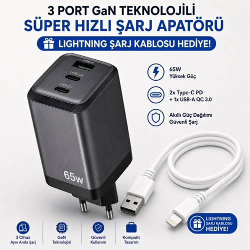 65W GaN 3 Çıkışlı Hızlı Şarj Başlığı ve 67W UsbA to Lightning ve Hızlı Şarj Kablosu HEDİYE
