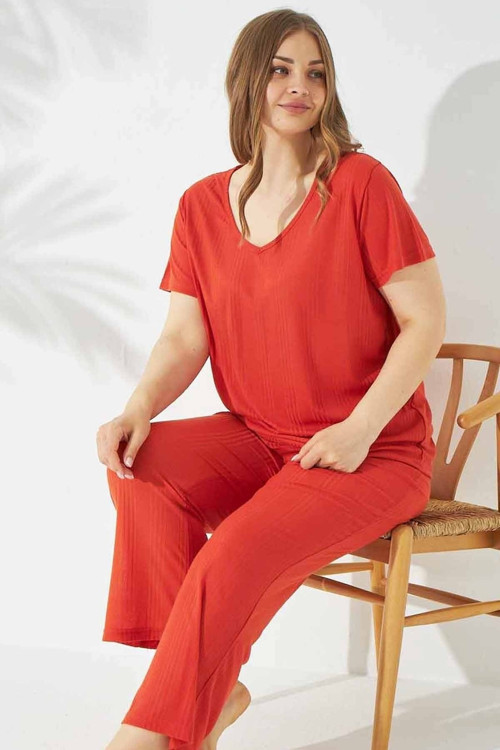 Soft Touch Ince Curve Büyük Beden Kadın Boy Örme Pijama Takım