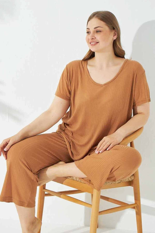 Soft Touch Ince Curve Büyük Beden Kadın Boy Örme Pijama Takım