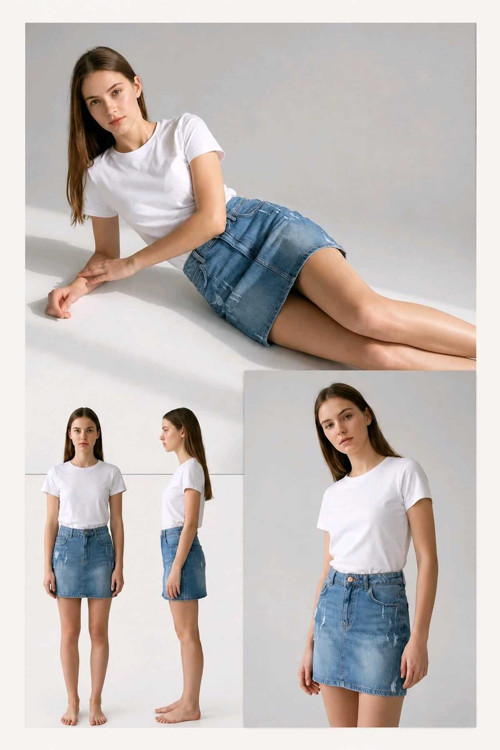 Yırtmaçsız Mavi Lazer Etek, 38 Cm Boyasız Yüksek Bel Likralı Mavi Lazer Jeans Etek