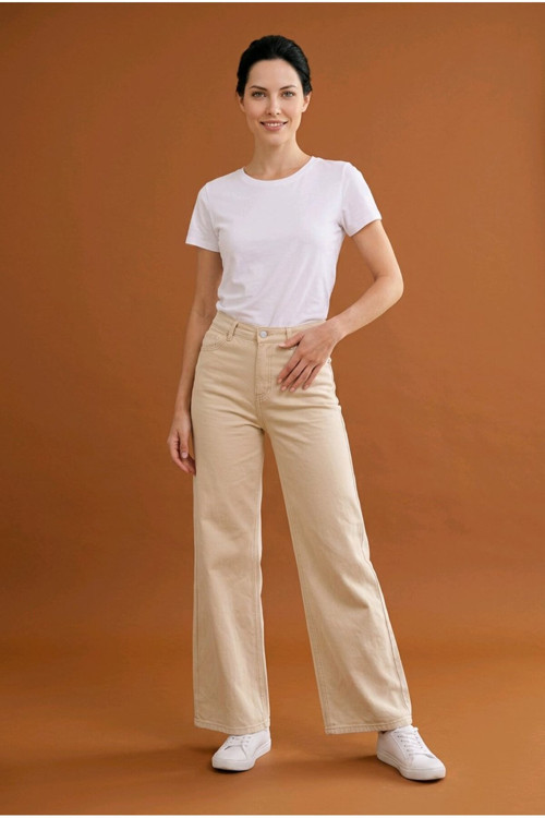 Palazzo Pantolon - Krem Bol Paça Likralı Yeni Sezon Jeans