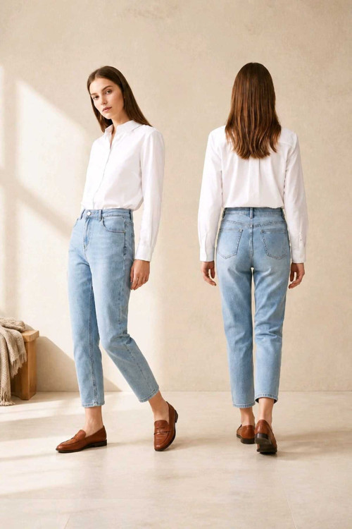 Buz Mavi Mom - Yüksek Bel, Likralı, Esnek Yumuşak Kumaştan Kadın Mom Jeans