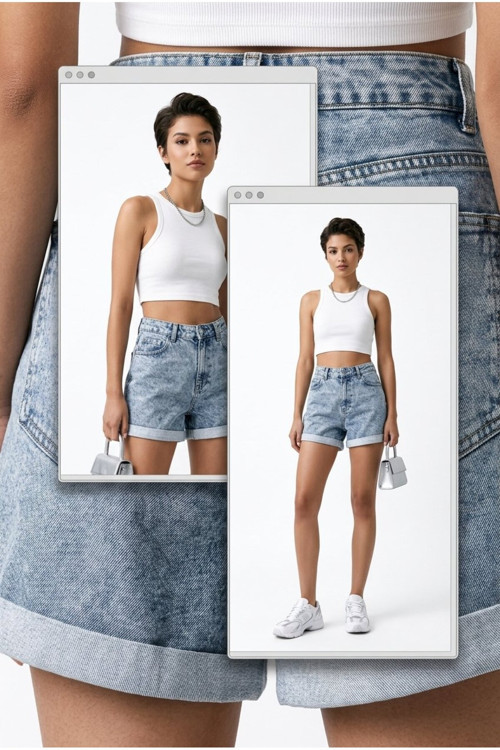 40 Cm Ters Paça Düz Kadın Kot Şort, Yüksek Bel Likralı 40 Cm Şort Jeans - Mavi Kar