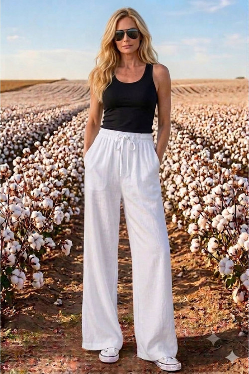 Çok Rahat Çok Hafif Yüksek Bel, Beli Lastikli İp Bağcıklı Geniş Paça Keten Görünümlü Kumaş Pantolon