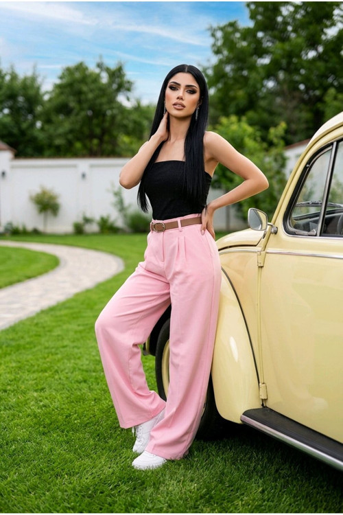 Kadın Pembe Double Palazzo Pantolon 2 Cepli Kırışmaz Kumaş Kemer Detaylı = Kemer + Pantolon