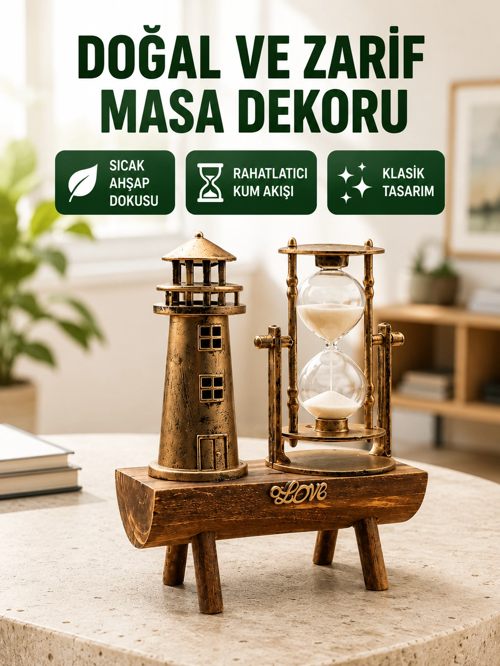 Ahşap Gövdeli Deniz Feneri Formlu Kum Saati – 15X20 Cm Masa Dekoru Yeni Nesil