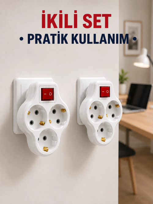 3’Lü Priz Çoklayıcı Açma Kapama Anahtarlı Duvar Tipi 2 Adet Set
