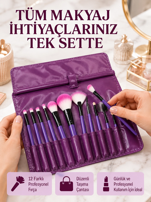 Yumuşak Fiber Kıllardan Oluşan 12'Li Makyaj Fırçası Seti Göz Farı Allık Kontür İçin