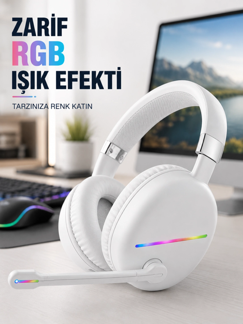 5.0 Beyaz Kulak Üstü Mikrofonlu Rgb Aydınlatmalı
