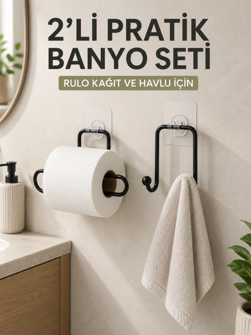 2’Li Yapışkanlı Banyo Düzenleme Seti Rulo Kağıt Tutucu Havlu Askılığı