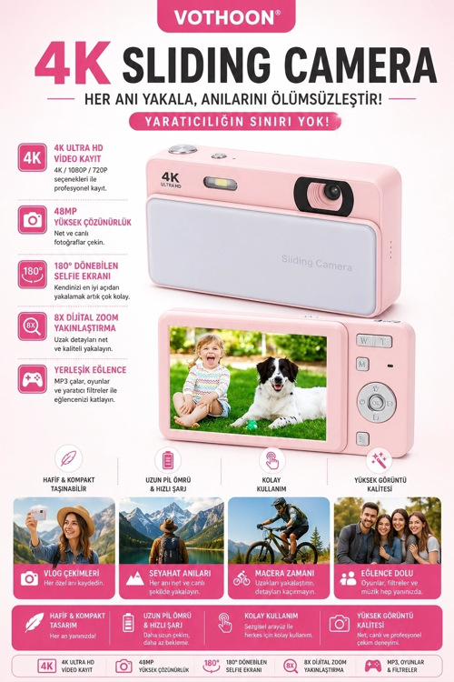 Dijital Kamera 48Mp 8X Zoom Flaşlı Kayar Video Kamera 2.4’’ Ekran 64Gb Sd Kart Hediyeli Pembe