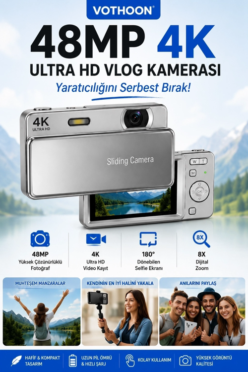 Dijital Kamera 48Mp 8X Zoom Flaşlı Kayar Video Kamera 2.4’’ Ekran 64Gb Sd Kart Hediyeli Gümüş
