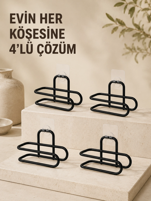 Delmeden Monte Tuvalet Kağıdı Askısı Siyah Metal Yapışkanlı Banyo Kağıtlığı 4’Lü Set