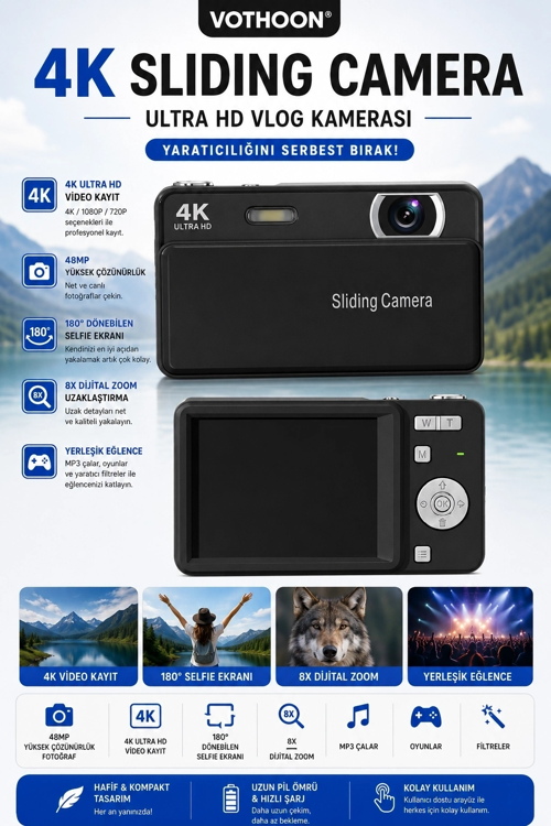 Dijital Kamera 48Mp 8X Zoom Flaşlı Kayar Video Kamera 2.4’’ Ekran 64Gb Sd Kart Hediyeli Siyah