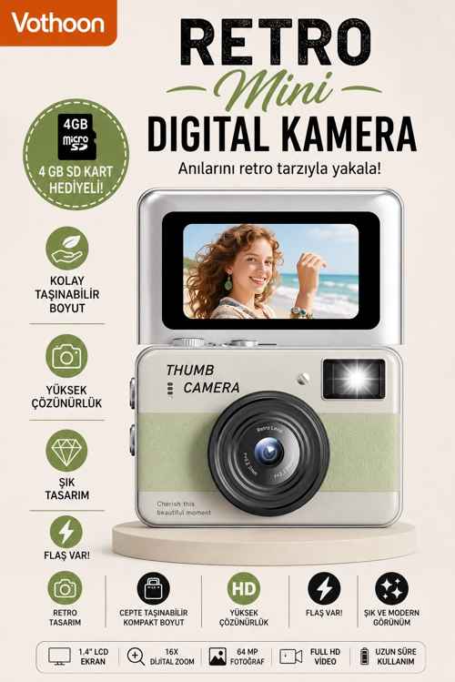 Dijital Kamera 1.47 İnç Flip Ekranlı Flaşlı Selfie Vlog Kamerası 4Gb Sd Hediyeli Yeşil