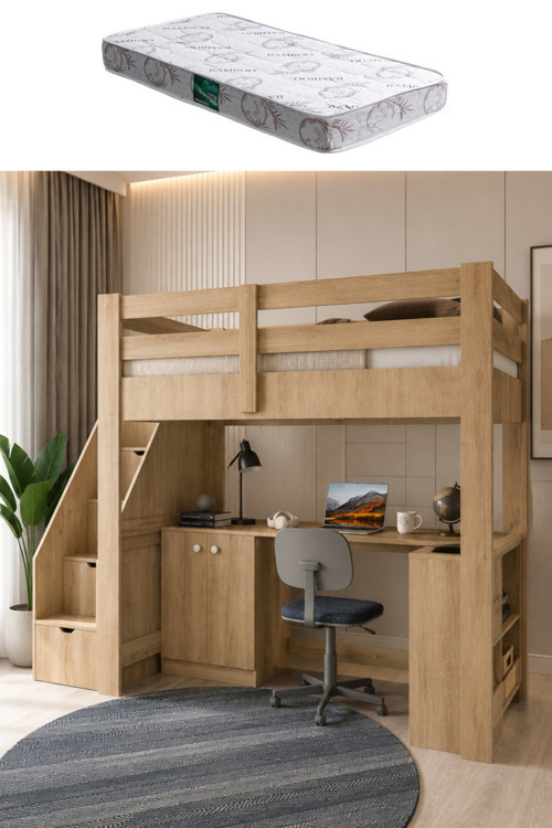 Rüzgar Ranza – Çalışma Masalı, Kitaplıklı ve Dolaplı Ranza - 1 Adet Comfort Yatak