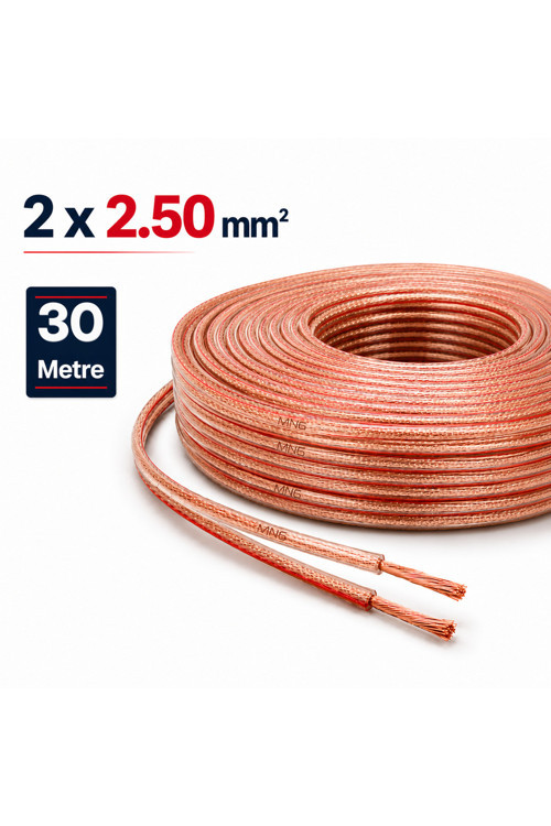 MN251HKF 2x2.50 mm Hoparlör Kablosu 30 Metre Şeffaf Kırmızı Çizgili Kordon Amfi Hoparlör ve Ses Sistemi Kablosu