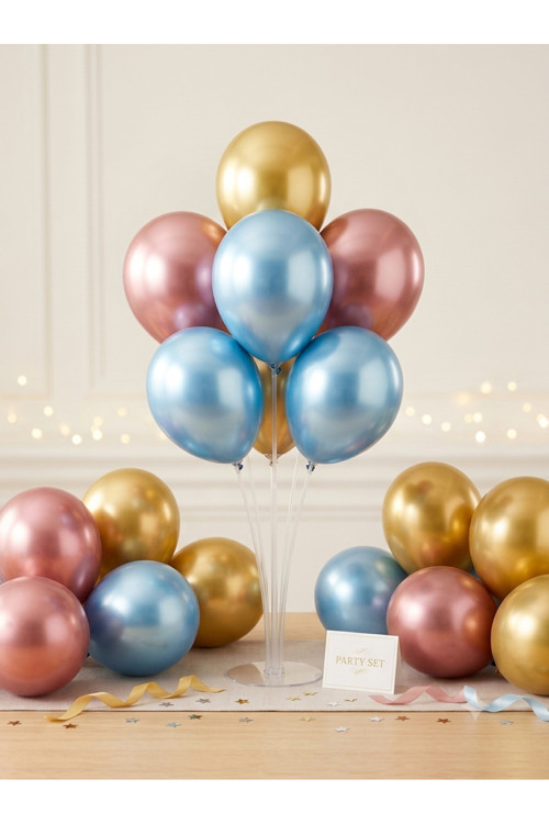 31 Parça Masa Üstü Balon Standı Seti - 7'Li Şeffaf Stand Ve 30 Adet Krom Gold, Gül Kurusu, Açık Mavi Metalik Balon