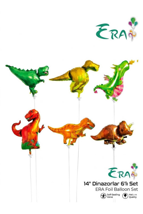 6 Adet 14 İnç Dinozor Folyo Balon Seti - Renkli Jurassic Dino Konseptli Çocuk Doğum Günü Parti Balonu