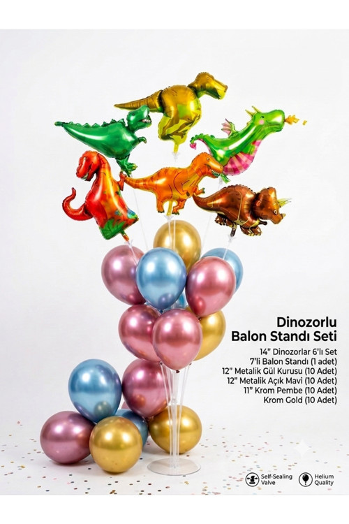 Dinozorlu Balon Standı Seti - 7'Li Masa Standı, 6 Adet Dinozor Folyo Balon Ve 40 Adet Metalik & Krom Balon Doğum Günü Seti