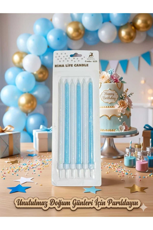 Rima Life Candle Mavi Simli Doğum Günü Pasta Mumu, Uzun Boy, Parlak Finish, Kutlama İçin, 6'Lı Paket