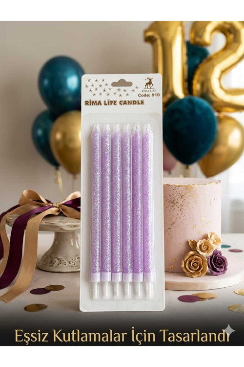 Rima Life Candle Doğum Günü Pasta Mumu, Mor Simli, Uzun İnce, Kutlama İçin, 6'Lı Paket