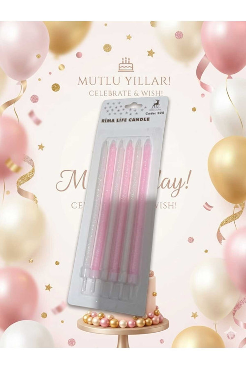 Rima Life Pembe Simli Doğum Günü Pasta Mumu, Parafin, 6'Lı Paket,