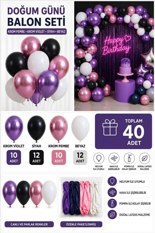 40'Lı Balon Seti - Lüks Konsept Doğum Günü Balon Seti (Krom Violet, Krom Pembe, Siyah, Beyaz)