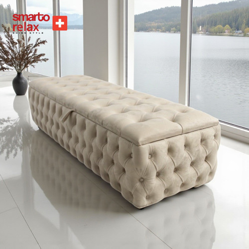 Smarto Relax Puf Saas-Fee Sandıklı Ayaksız Kapitoneli Dekoratif 100x50x40 cm (Bej)