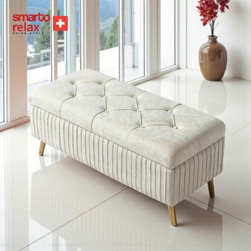 Smarto Relax Puf Appenzell Sandıklı Kapitoneli Ayaklı Dekoratif 100x40x45 cm (Ekru)
