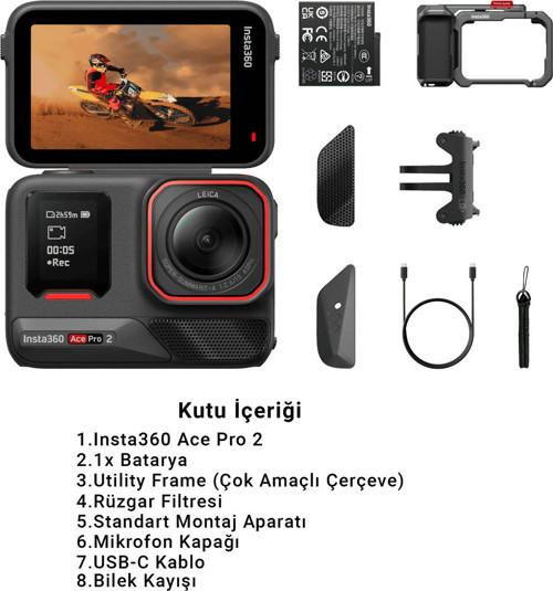 Ace Pro 2 Xplorer Bundle 8K Aksiyon Kamera Gri Tek Batarya Deklanşör Düğmeli Tutma Aparatlı Set