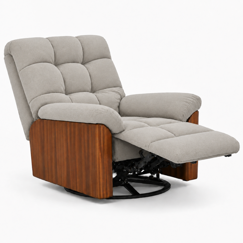 Smarto Relax Porto Elektrikli Döner Sallanan Ahşap Yan Panelli Polyester Kumaş TV Koltuğu Baba Koltuğu (Ekru)