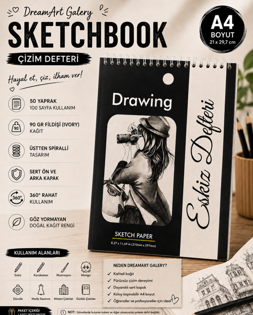 Çizim Defteri Sketchbook, Sketchpad, Eskiz Defteri, A4
