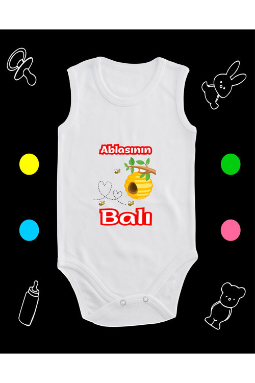 Ablasının Balı Baskılı Pamuklu Penye Çıtçıtlı Bebek Body Bebek Zıbını