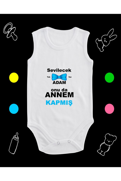 Pamuklu Sevilecek Tek Adam Var Annem Kapmış Baskılı Penye Bebek Body Çıtçıtlı Badi Zıbın Asq125