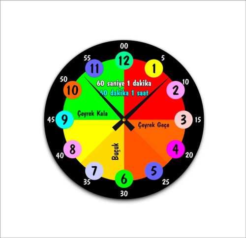 Öğretici Duvar Saati 48 Cm / Çocuk Odası Duvar Saati /Renkli Uv Baskı / 48 Cm