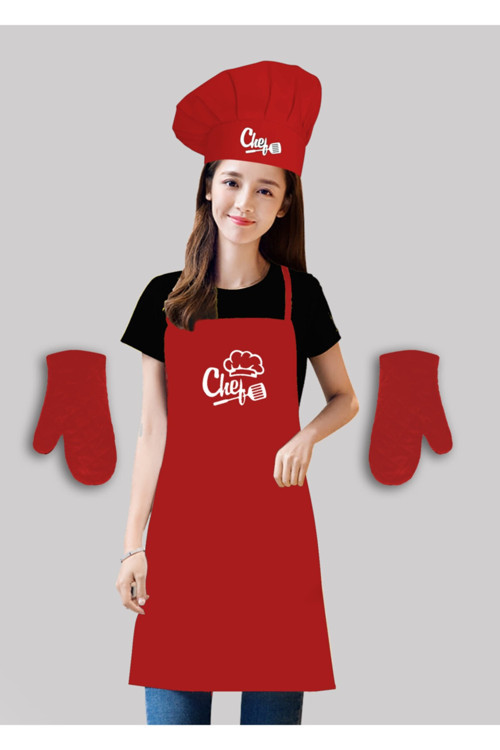 Kırmızı Mutfak Masterchef Önlük Seti ( Önlük+Chef Şapka+2 Adet Eldiven )