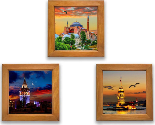 Ahşap Çerçeveli Duvar Dekoru 3'Lü 21 X 21 Cm Kız Kulesi ,Galata Kulesi , Ayasofya Camii