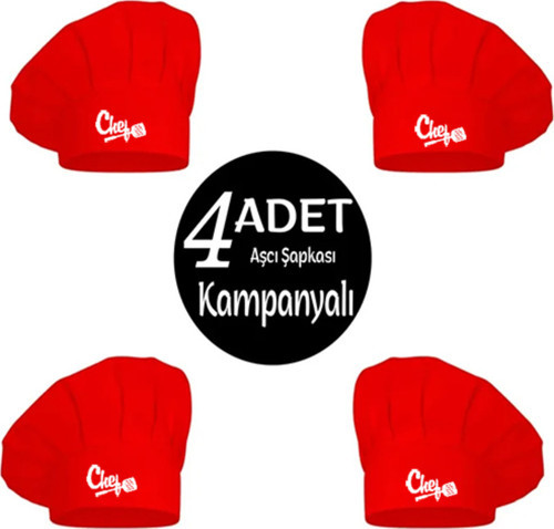 4Lü Kırmızı Chef Baskılı Ayarlanabilir Aşçı Şapkası