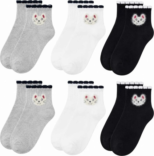 Fantezia Night Kadın Kedi Desenli Kısa Konç Çorap 6’lı Paket, %80 Pamuklu Dikişsiz Burun, Nefes Alan Yumuşak Bilek Çorabı, Gri Siyah Beyaz