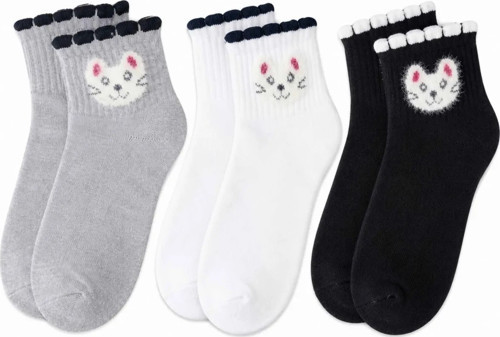 Fantezia Night Kadın Kedi Desenli Kısa Konç Çorap 3’lü Paket, %80 Pamuklu Dikişsiz Burun, Nefes Alan Yumuşak Bilek Çorabı, Gri Siyah Beyaz