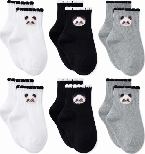 Fantezia Night Kadın Panda Desenli Kısa Konç Çorap 6’lı Paket, %80 Pamuklu Dikişsiz Burun, Nefes Alan Yumuşak Bilek Çorabı, Siyah Beyaz Gri