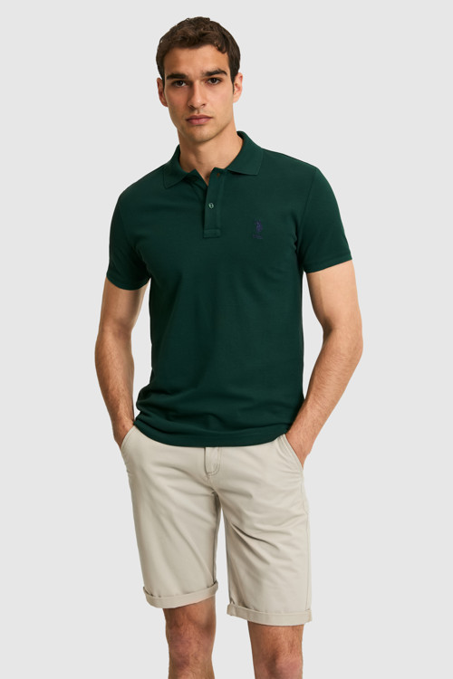 Erkek Slim Fit Polo Yaka Koyu Yeşil Basic Tişört 50322304-VR079