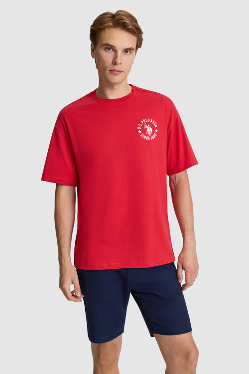 Erkek Kırmızı Oversize Fit Bisiklet Yaka Tişört 50327160-VR171